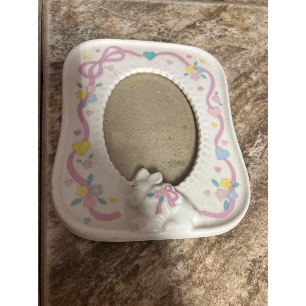 Vintage Ceramic Bunny Rabbit Picture Frame Pastel Hearts Flowers CPM-04 Taiwan